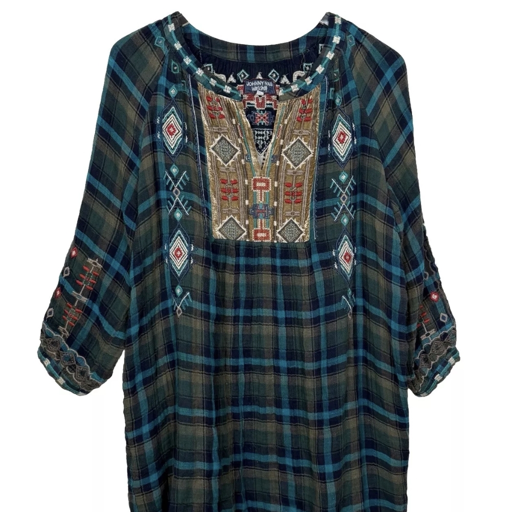 Johnny Was Blue and Brown Embellished Tunic